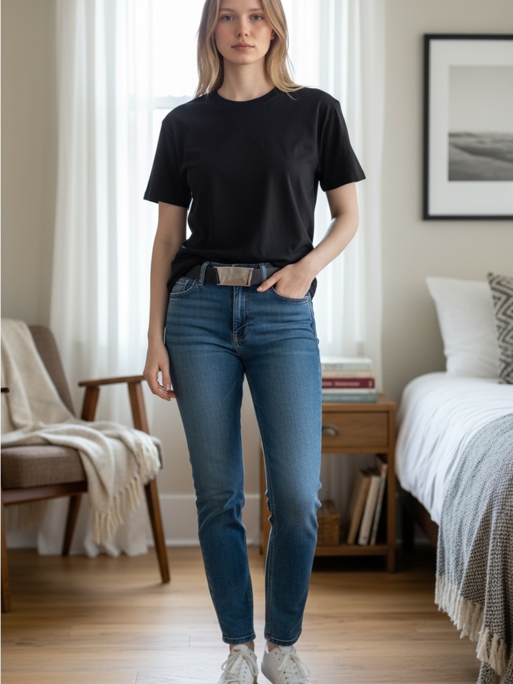 Ellen Tracy Black Leather Belt with Silver Metal Buckle